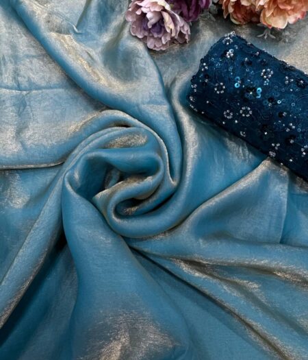 Women's Lustrous Teal Tissue Silk Saree with All-Over Sequin Embellished Blouse Piece