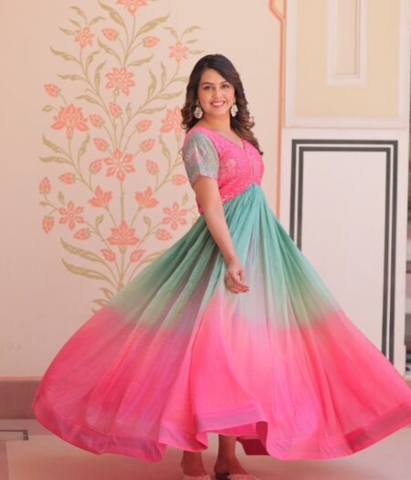 Women's Dual-Tone Ombre Gown in Candy Pink & Aqua Green with Embroidered Bodice – Festive & Contemporary Wear