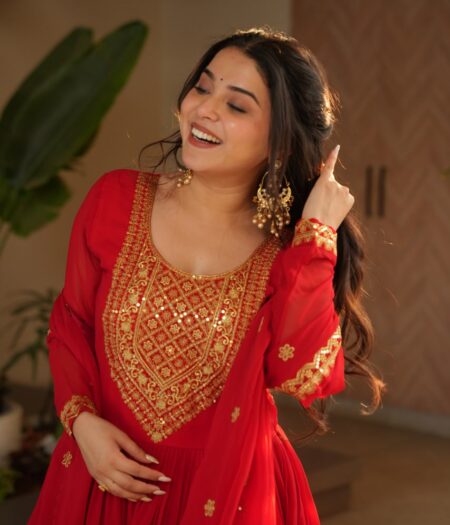 Women's Radiant Red Anarkali Suit Set with Golden Zari & Sequin Embroidery – Perfect for Festive & Wedding Occasions