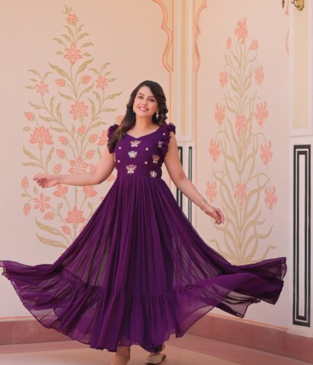 Women's Elegant Plum Purple Georgette Anarkali Gown with Butterfly Applique & Ruffle Sleeves – Festive & Special Occasion Wear