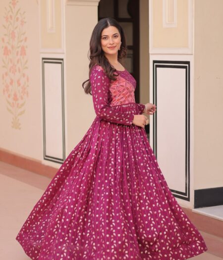 Women's Festive Berry Purple Printed Anarkali Gown with Intricate Zari Work & Embellished Yoke – Perfect for Traditional & Celebration Wear