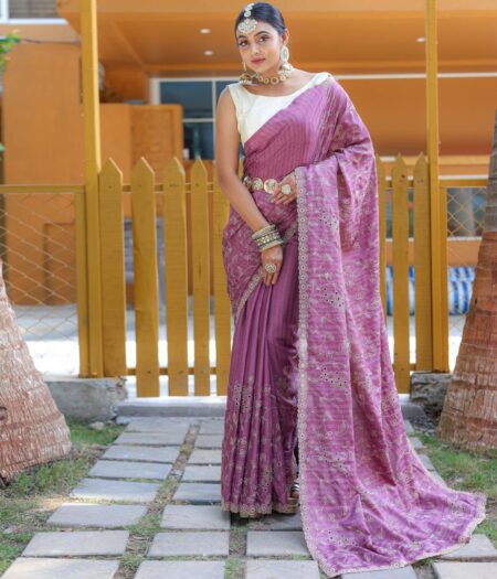 Women's Royal Prussian Blue Georgette Saree with Intricate Silver Thread & Mirror Work Embroidery – Perfect for Festive & Wedding Celebrations