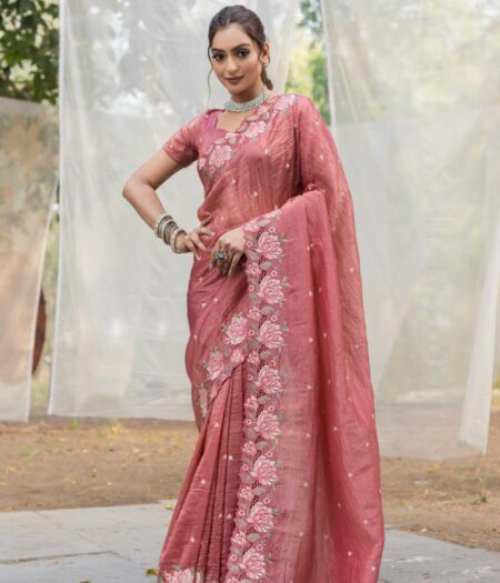 Women's Pristine White Organza Saree with Exquisite Pink & Green Floral Thread Embroidery – Complete with Matching Embroidered Blouse for Festive & Summer Wear