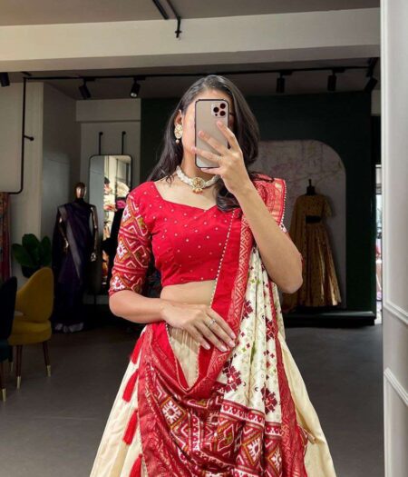 Women's Tussar Silk Patola Print Lehenga Choli Dupatta Set