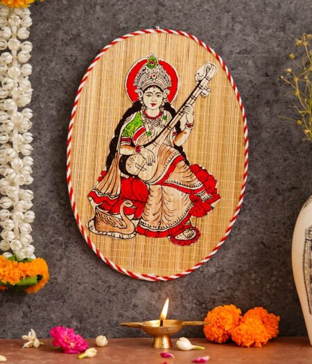 Oval Shaped Design Bamboo Hand Crafted Wall Hangings Of Godess Sarwasti Ji For Home Decor