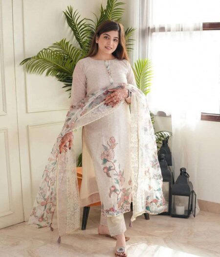 Women's Lilan Cotton Floral Printed Straight Pakistani Kurti with Pant and Dupattta